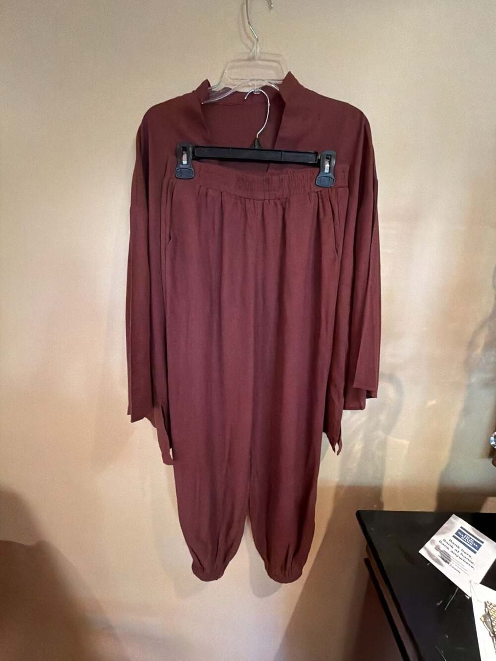 Women 2-Piece Lounge Set Size M Brown Cotton Linen Top Pants